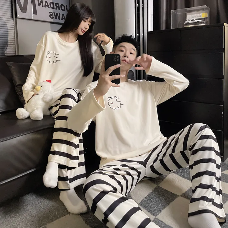 线条狗睡衣情侣款春秋冬季长袖德绒保暖条纹大码男式家居服套装女