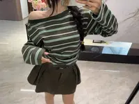 悠悠SHOP 洋气秋季时尚休闲斜肩条纹长袖T