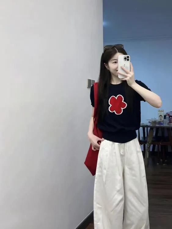 2025夏季新款韩系穿搭小个子藏蓝色短袖上衣搭配白色阔腿裤两件套