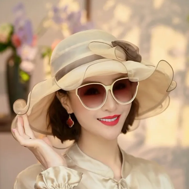 布塔真丝遮阳帽夏季女士太阳帽遮脸遮阳防晒薄款大帽檐渔夫帽0744