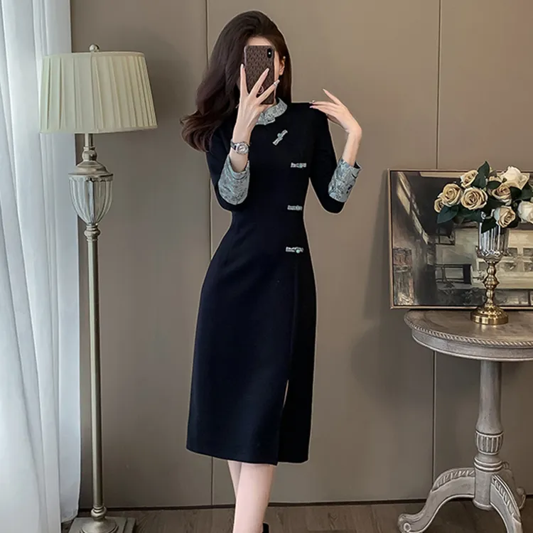 新中式国风黑色连衣裙女秋2024新款精致显瘦气质裙子1973