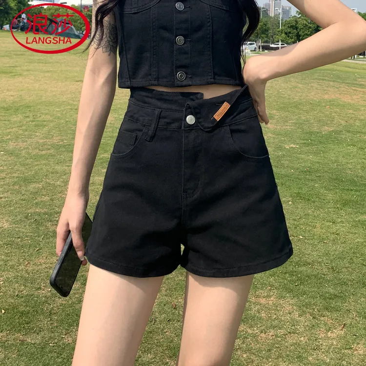 浪莎黑色牛仔短裤女夏季不规则a字宽松显瘦遮肚小个子外穿热裤子