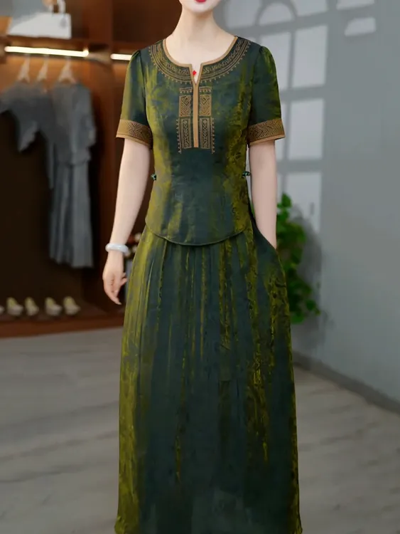 复古文艺风休闲裙套装2025夏季新款高级感V领显瘦衬衫+好看半身裙