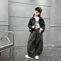女童秋季韩版潮酷短款时髦机车风皮衣外套中大童棉布工装裤阔腿裤