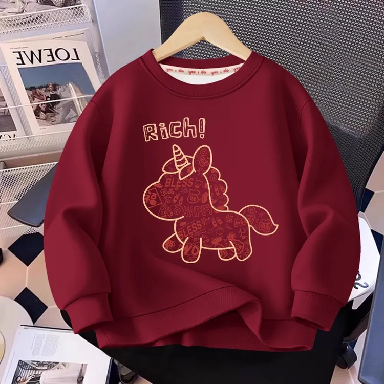 男女童过年圆领卫衣大童喜庆2026新款本命年属马拜年上衣服初中生