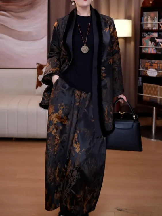 轻奢时尚洋气套装2025秋冬新款高档大气宽松外套上衣+印花阔腿裤