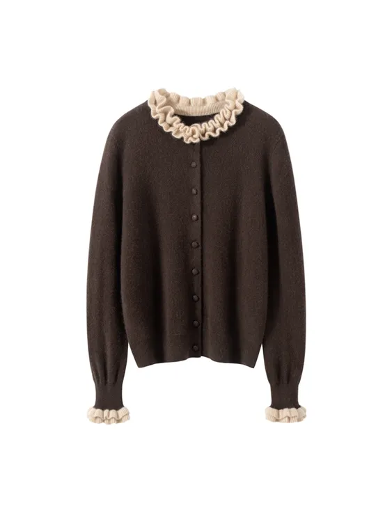 时尚气质长袖上衣2025秋冬装法式木耳边撞色宽松精仿毛衫减龄通勤