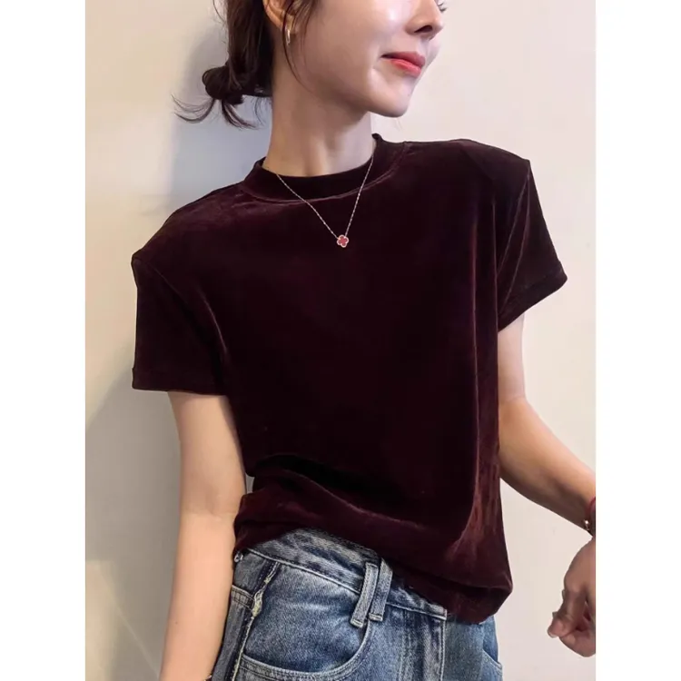 芯娇晴金丝绒正肩短袖T恤女欧洲站2025早秋新款欧货女装打底小衫