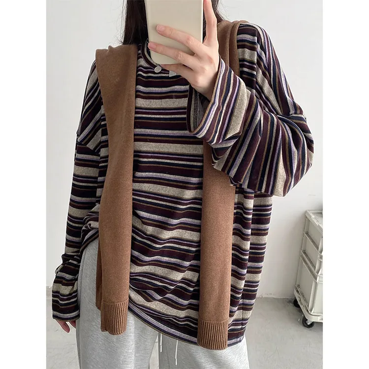 微胖mm美式撞色条纹圆领长袖T恤女秋季新款设计感打外穿底衫上衣