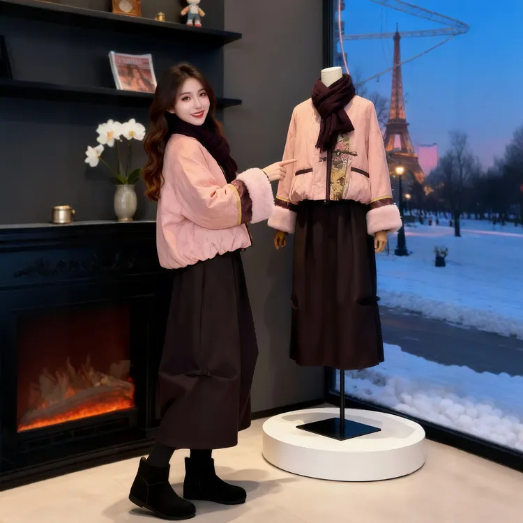 冬季搭配一整套新中式国风粉色提花棉服外套阔腿裤温柔气质套装女