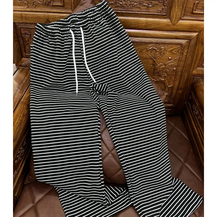 德绒睡裤女士家居裤秋冬款加厚保暖宽松阔腿裤脚冬天黑白条纹裤子