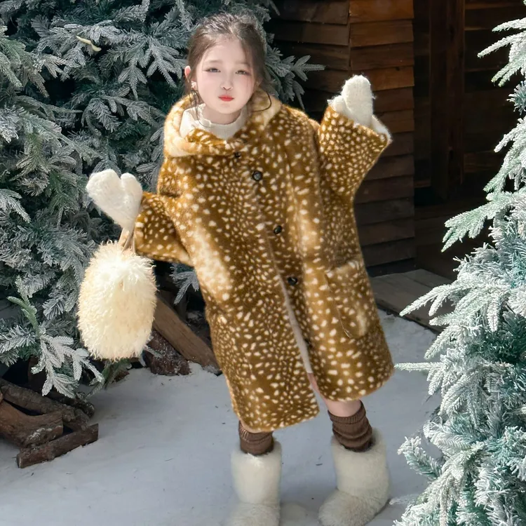 25冬季韩版可爱女童小鹿毛毛外套加厚新款仿皮草大衣洋气宝宝棉衣
