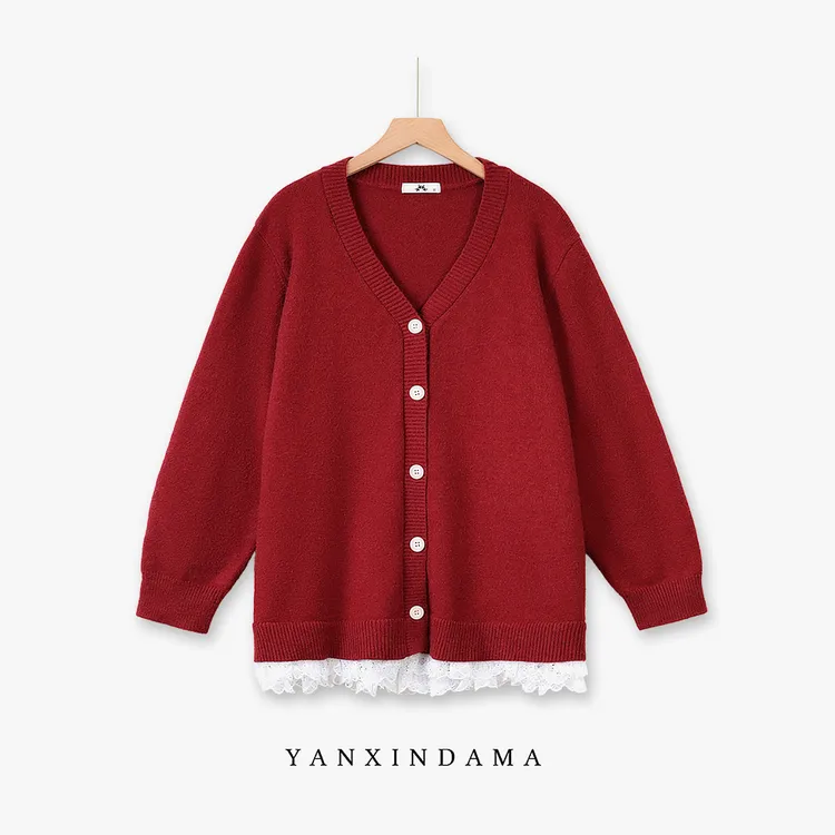 【岩心】大码女装300斤胖MM韩系温柔风设计感拼接复古毛针织衫10250