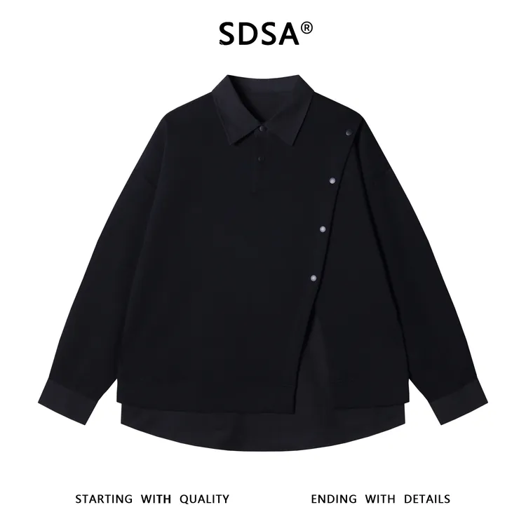 SDSA秋冬新款痞帅男装痞帅金属装饰翻领假两件衬衫下摆不规则设计