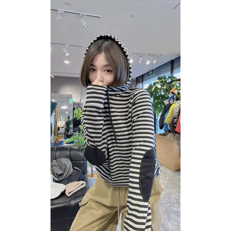 2025秋冬新款设计感条纹连帽T恤女网红欧货百搭洋气休闲套头上衣