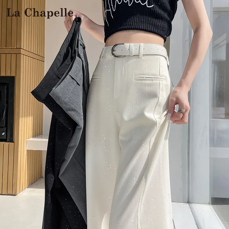 拉夏贝尔白色亮片西装阔腿裤女春秋2025新款高腰宽松高级感拖地裤
