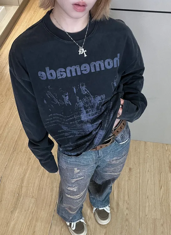 【轰没乐队】美式休闲设计感小领口宽松字母印花长袖T恤hiphop