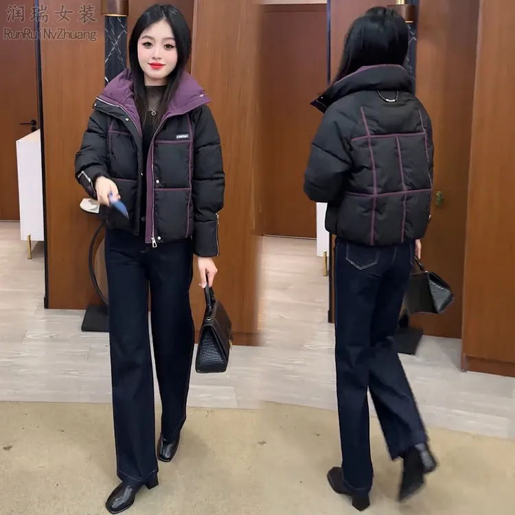 洋气减龄撞色立领短款棉服女2025冬季新款设计感加厚防风保暖棉袄