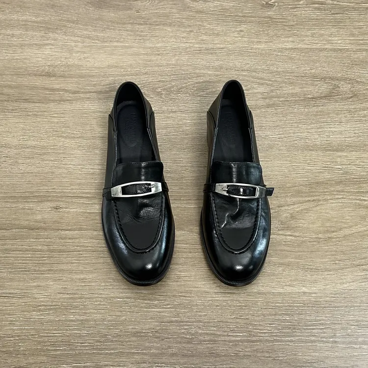 Dannyfrey复古擦色牛皮乐福鞋通勤四季百搭工作鞋金属扣小皮鞋女