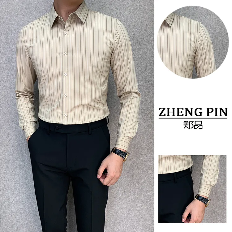 ZP7701#秋款修身免烫2025轻奢休闲男士衬衫非凡卡细条纹长袖衬衣