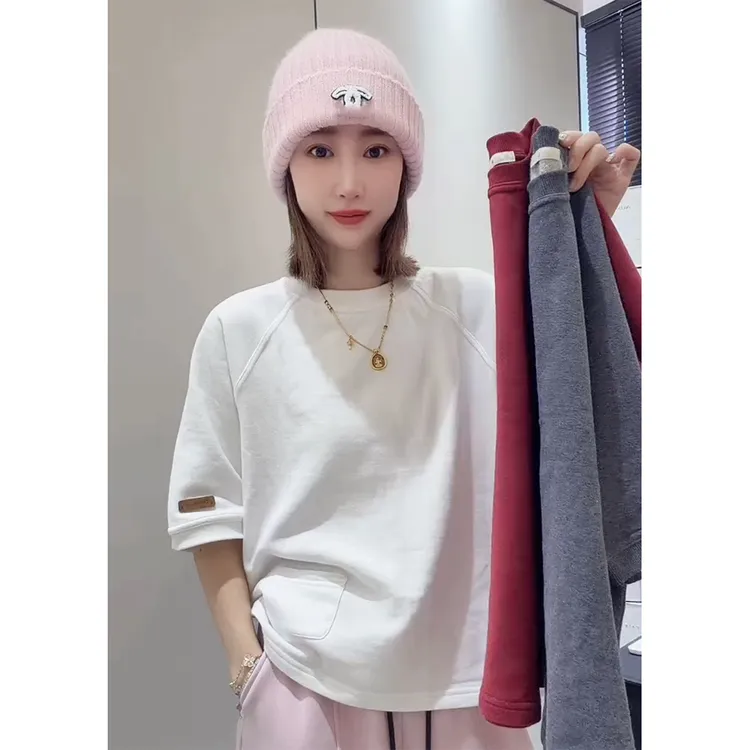 冬季新款加厚纯色短袖T恤女韩版洋气时尚百搭插肩休闲圆领打底衫