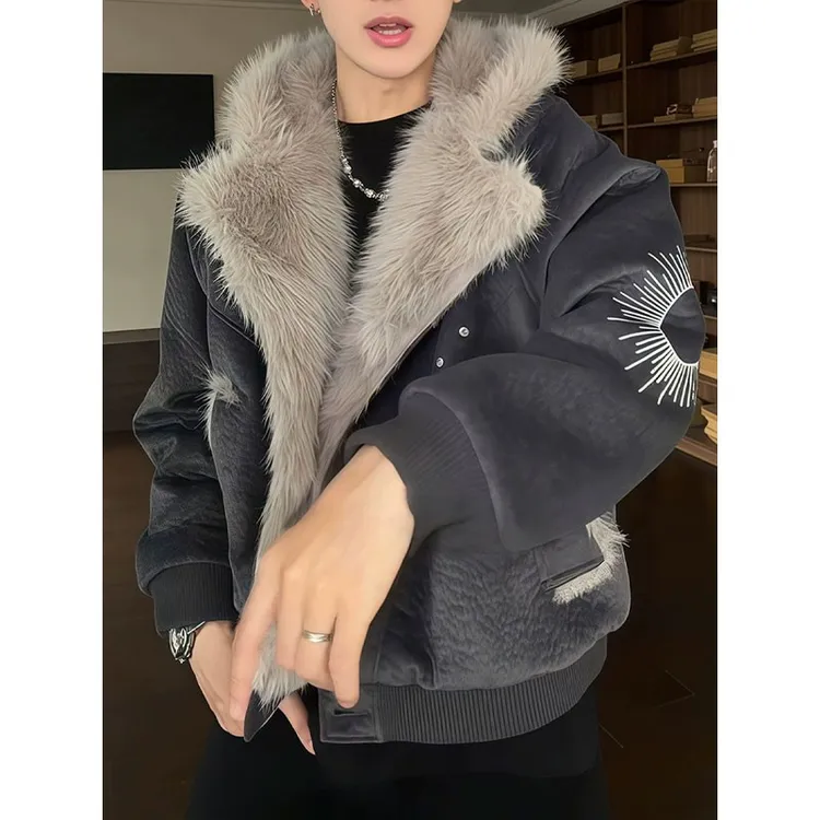 短款云陀绒座山雕夹克棉服男款冬季太阳刺绣加绒加厚保暖棉衣外套