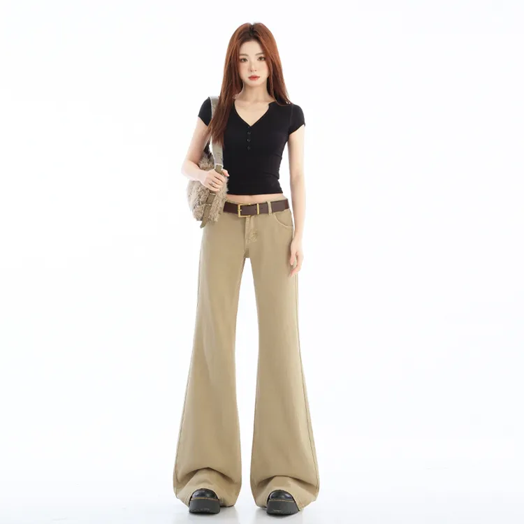 KRO新款卡其色微喇百搭不贴腿牛仔裤女美式复古低腰窄版显瘦长裤