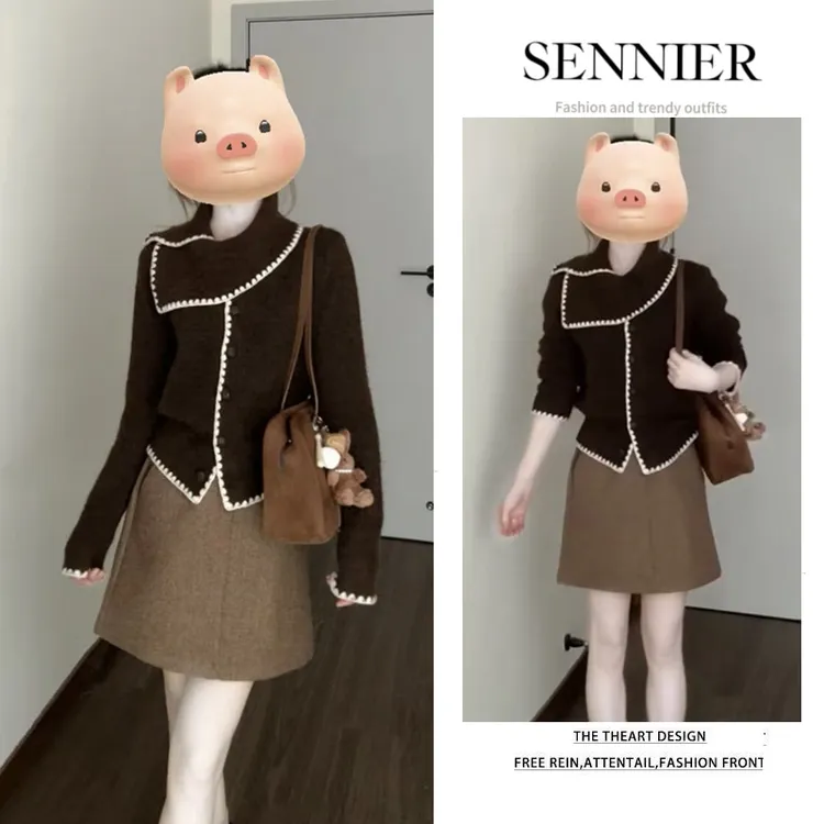 秋季穿搭一整套女2025新款复古围巾领撞色毛衣百搭半身裙两件套装