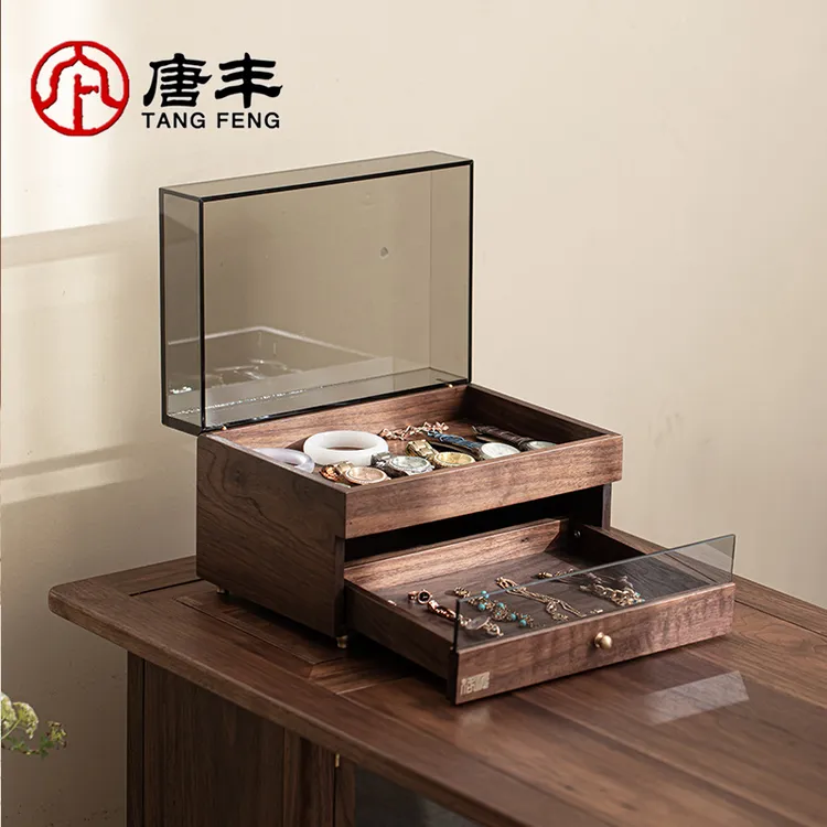 唐丰胡桃木双层茶具收纳柜首饰防尘储物柜家用抽屉茶叶茶杯置物
