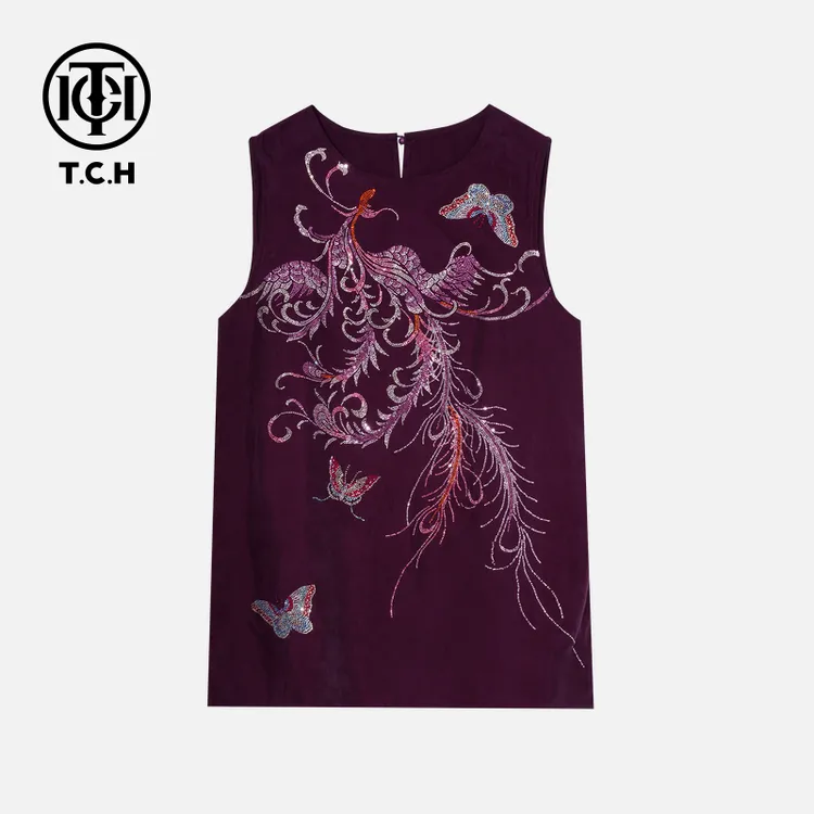 TCH私服烫钻工艺时尚休闲蝴蝶印花紫色背心女T75B03E5016轻奢tch