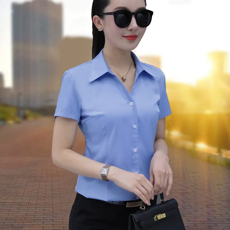 蓝色V领衬衫女短袖2025夏季新款韩版修身百搭工作服免烫职业衬衣