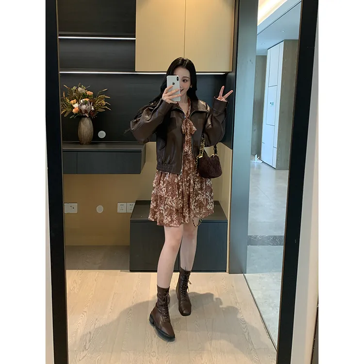 XINYI【柏林纪事】秋季PU皮外套女显瘦百搭美拉德皮衣X625T02364