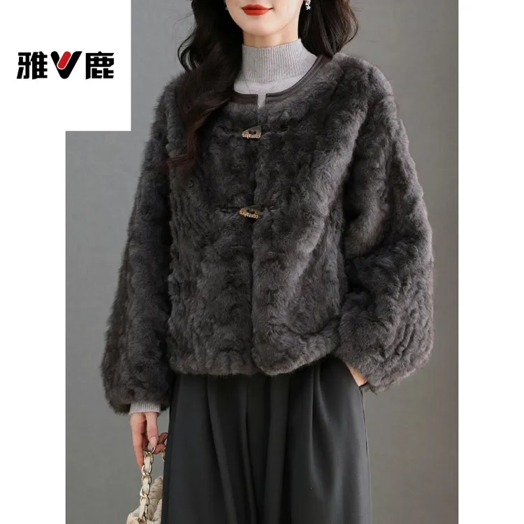 雅鹿水貂绒皮草大衣外套女开衫圆领短款高腰小个子卡腰2