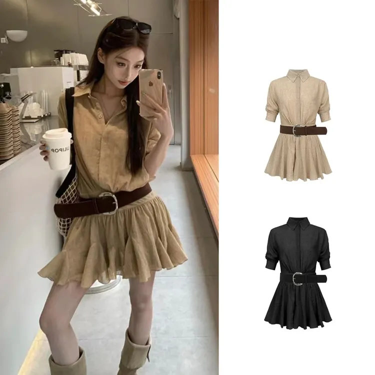2025新款气质高级黑色v领衬衫连衣裙子女夏季小个子绝美掐腰短裙
