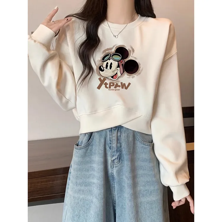 2025秋冬新款圆领套头卫衣女交叉短款不规则小个子设计感百搭上衣