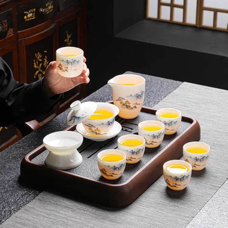 白瓷茶具套装礼盒装家用客厅白瓷功夫茶具轻奢高档办公室泡茶中式