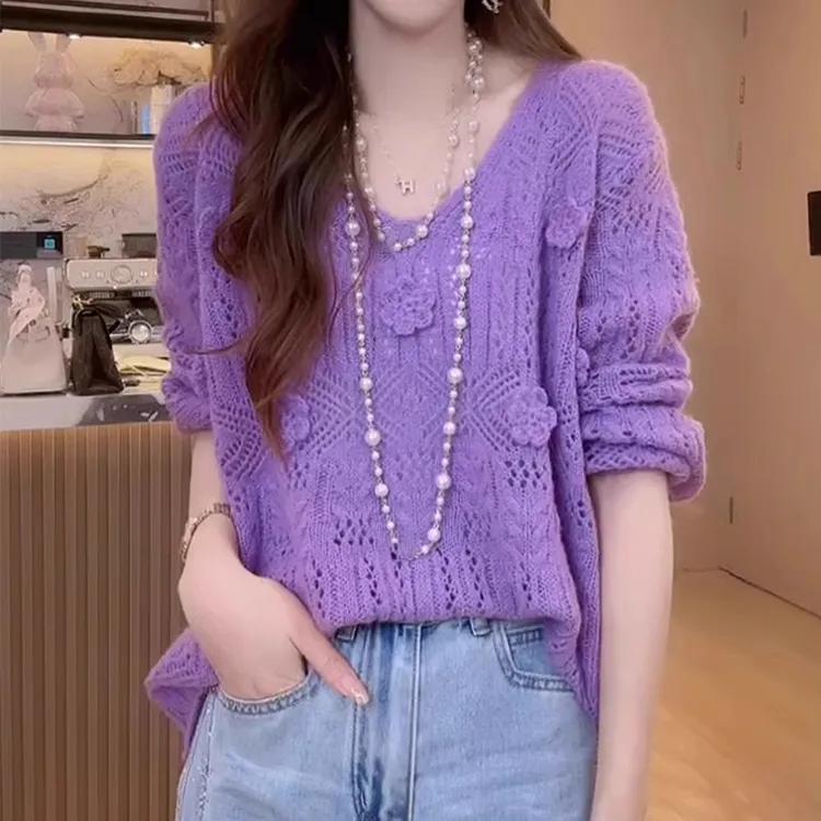 欧货花朵镂空V领针织罩衫女秋季大码胖MM显瘦遮肚子宽松弛感上衣