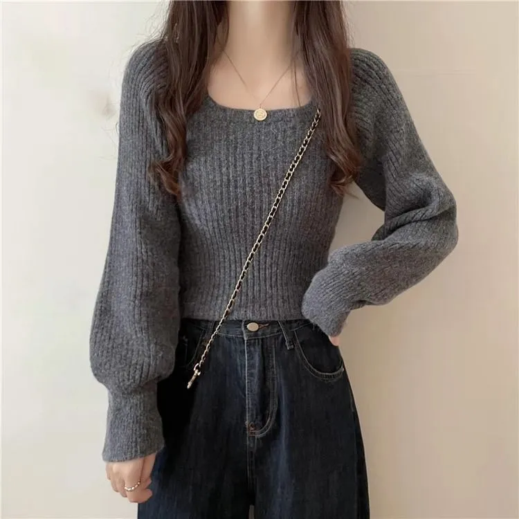 3598新款灯笼袖方领短款针织毛衣高级感上衣女百搭长袖加厚打底衫