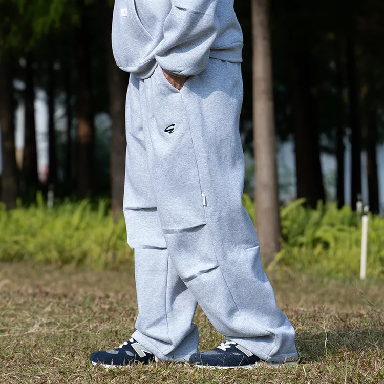 ACTIONS秋冬基础刺绣加绒卫裤宽松褶边阔腿抽绳松紧束脚休闲长裤