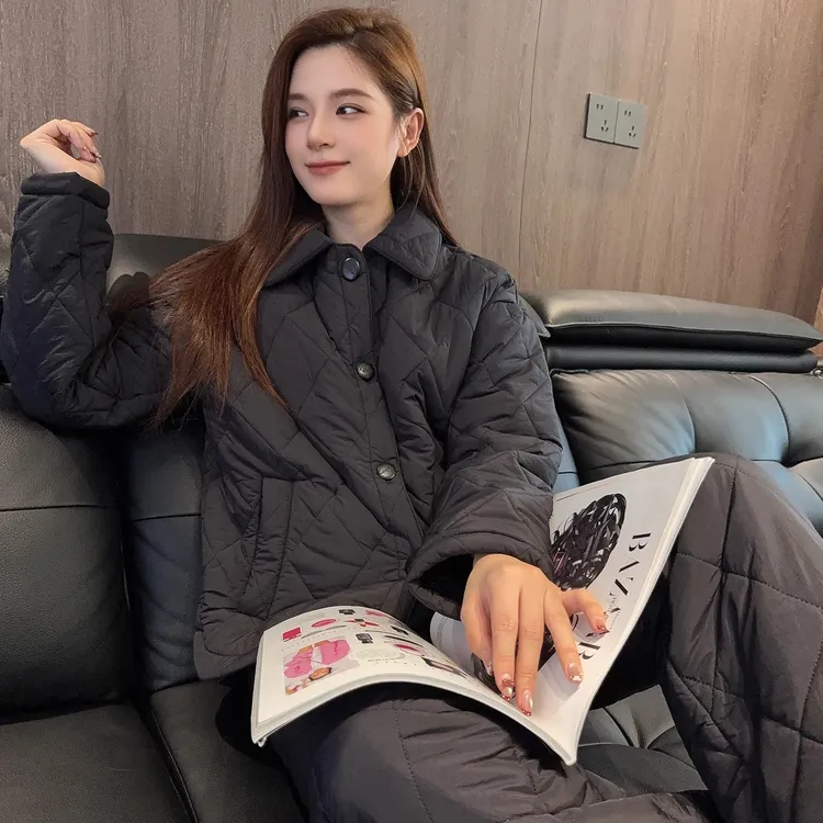 三层加厚夹棉睡衣女两件套保暖翻领时尚新款可外穿冬季加绒家居服