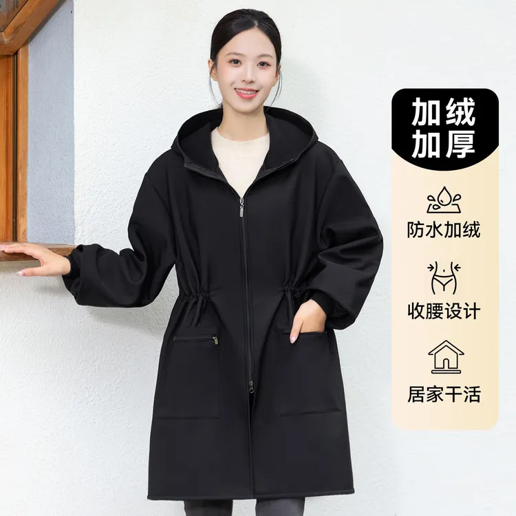 加绒加厚罩衣成人冬外穿防水家用厨房长袖围裙收腰大褂外套工作服