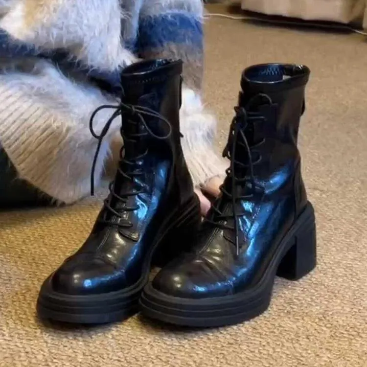 【CBMT旗舰店】正品马丁靴女2025新款系带粗跟增高瘦瘦靴后拉炼显瘦