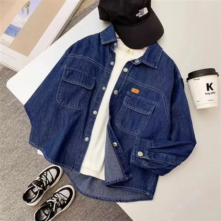 戴维贝拉新品男童牛仔衬衫春秋款2025新款痞帅潮大童儿童秋装童装