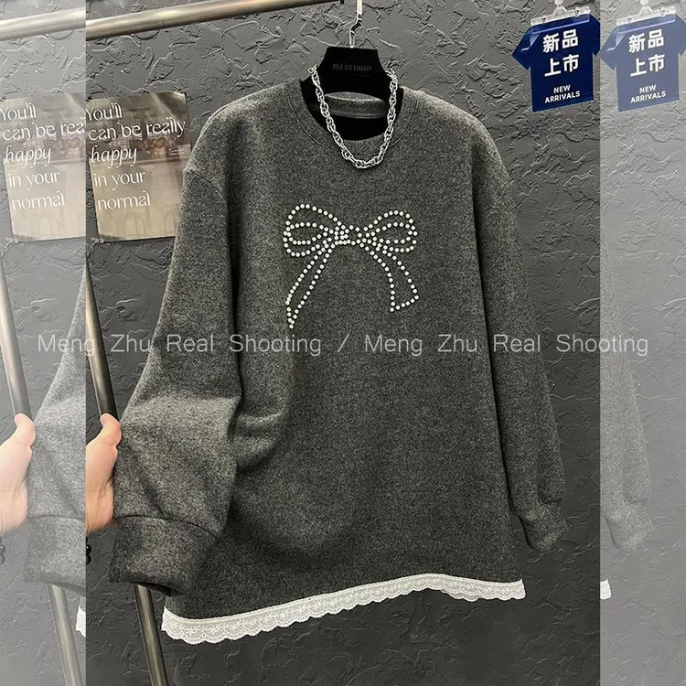 胖妹妹大码240斤重工钉珠蝴蝶结蕾丝拼接磨毛德绒打底T恤衫上衣秋