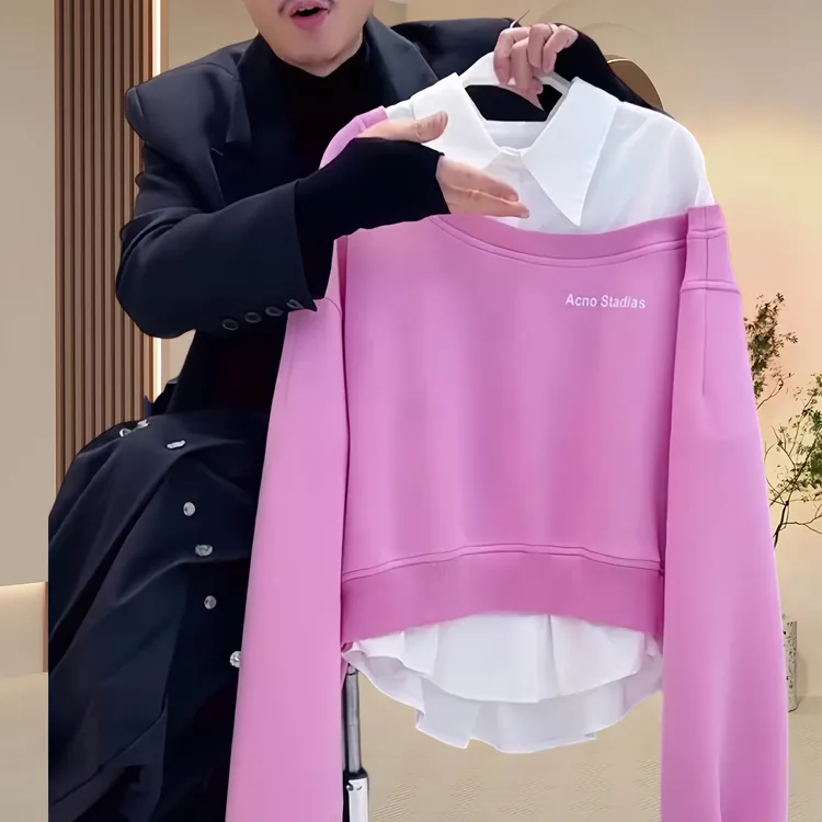 亲肤舒适宽松假两件拼接polo领卫衣女设计感小众通勤休闲衬衫上衣