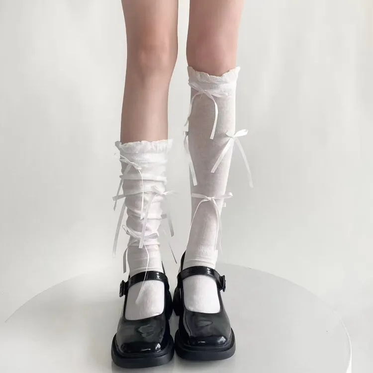 春夏薄款小腿袜女ins蝴蝶结芭蕾风泡泡口堆堆袜玛丽珍长袜