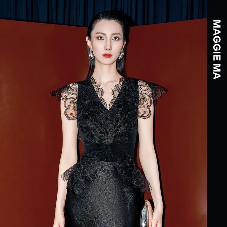 MAGGIE MA马婧设计师款百搭精致蕾丝刺绣褶皱立体修身上衣277S