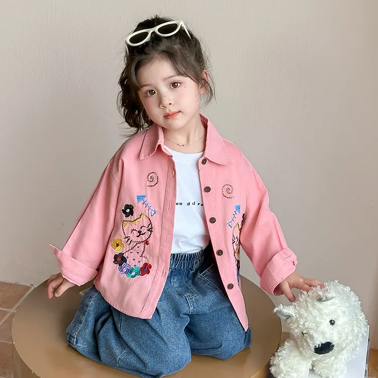 女童衬衫2025新款春秋开衫女宝宝绣花猫咪外套上衣小童韩版时髦潮