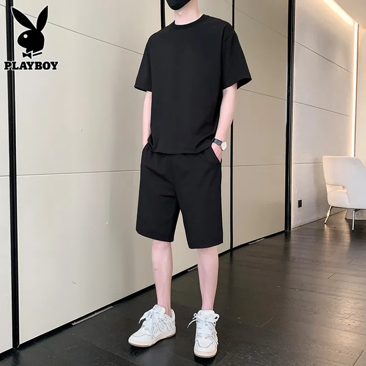 花花公子冰丝运动套装男士短袖t恤2025年夏季薄款五分休闲短裤男
