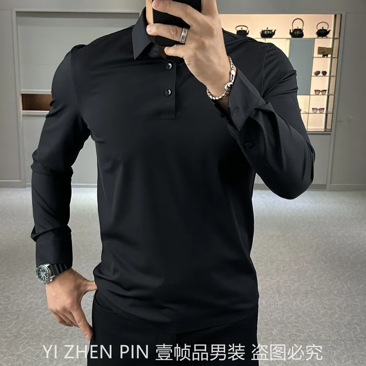 【壹帧品】轻熟Polo衫时尚免熨烫秋冬黑白灰三色男士商务翻领长袖